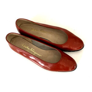 Salvatore Ferragamo Patent Leather Flat Ballet Red Almond Toe Vintage Slip 7 C